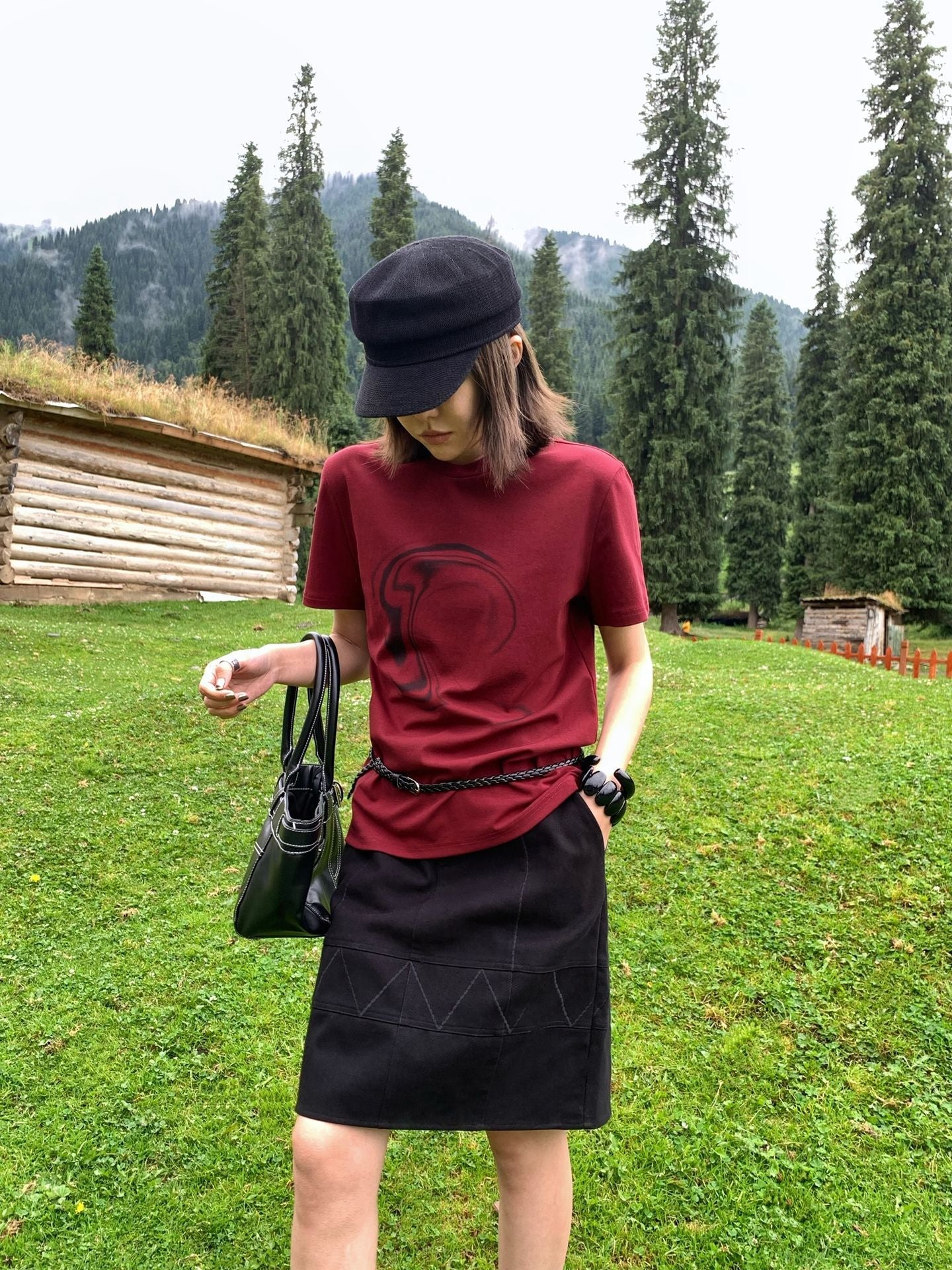 Tencel cotton ripple print short-sleeved T-shirt