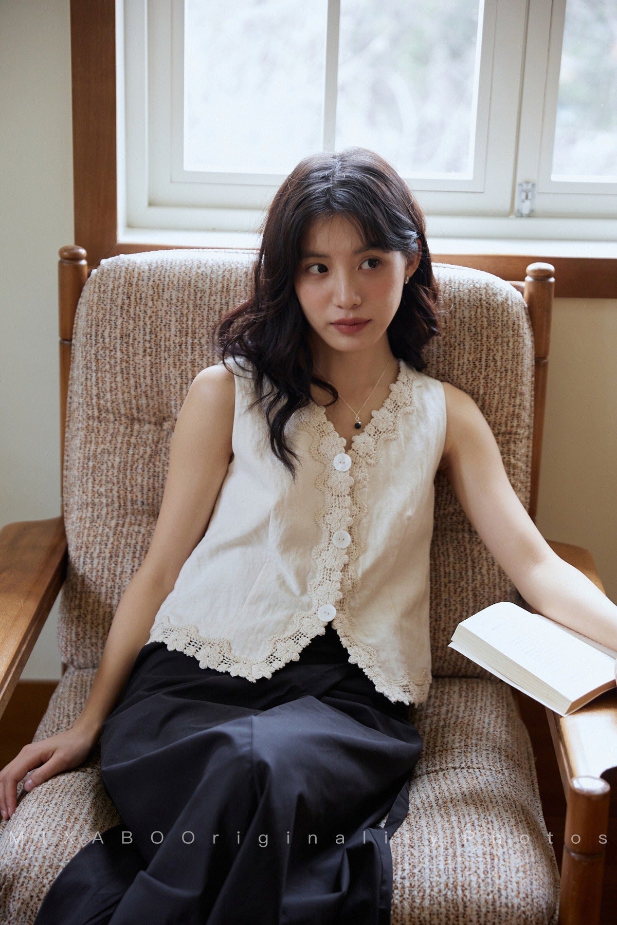 French apricot lace v-neck vest