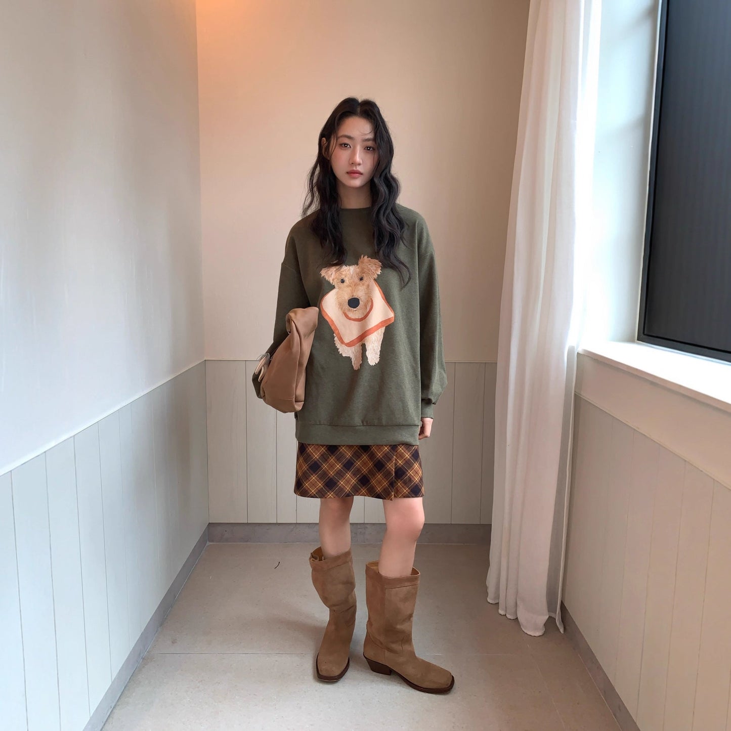 Hip Wrap Waist Buckle Design Plaid Coffee Skirt Women