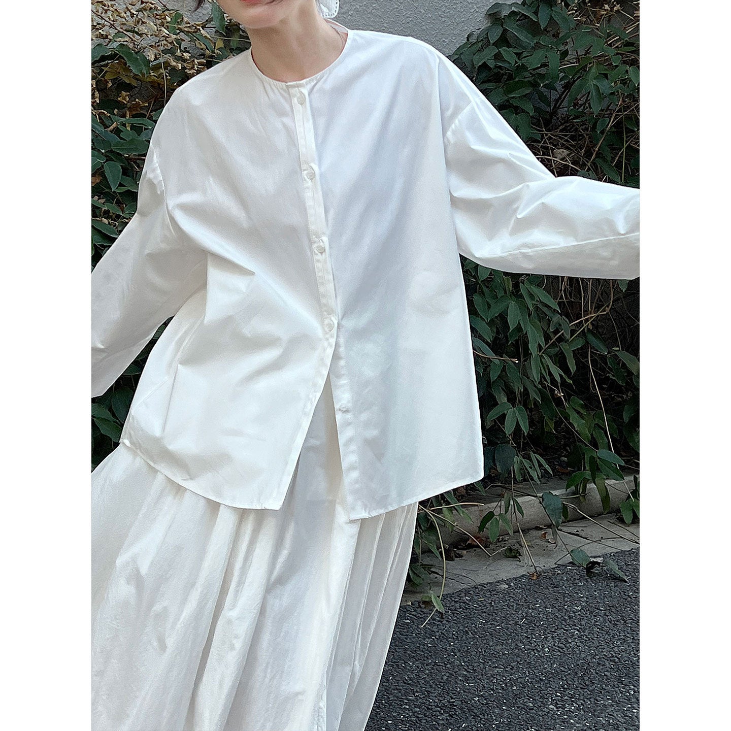 Simple Korean crew neck shirt top women's early spring stand-up collar casual versatile shirt jacket