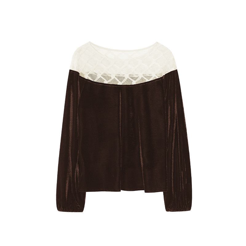 Women's Contrast Color Velvet Crew Neck Long Sleeve Pullover Top