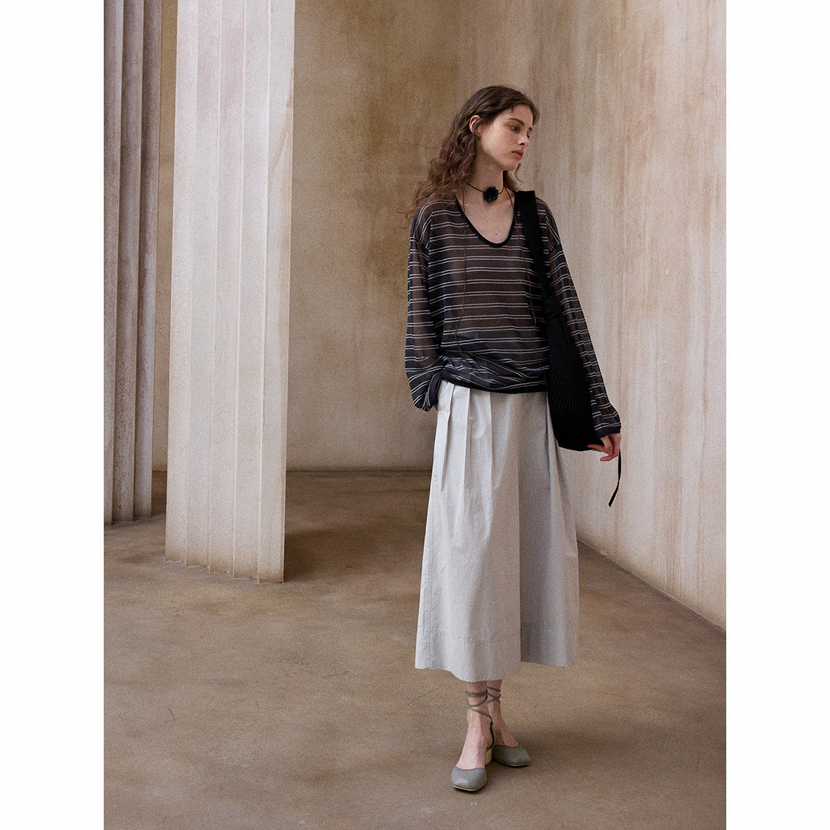 Summer soft and cool wash cotton adjustable middle waist commuting casual nine-point wide-leg pants