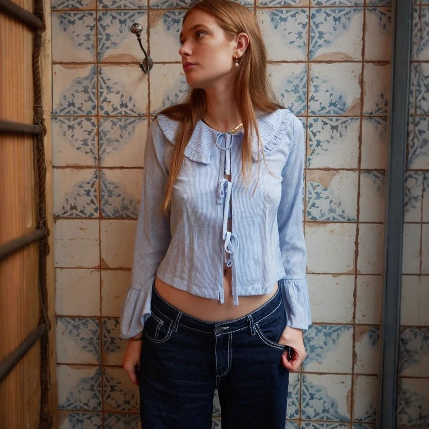 Women's Fashion Sexy Short Slim Shirt Lace-Up Striped Shirt Top Jacket Women