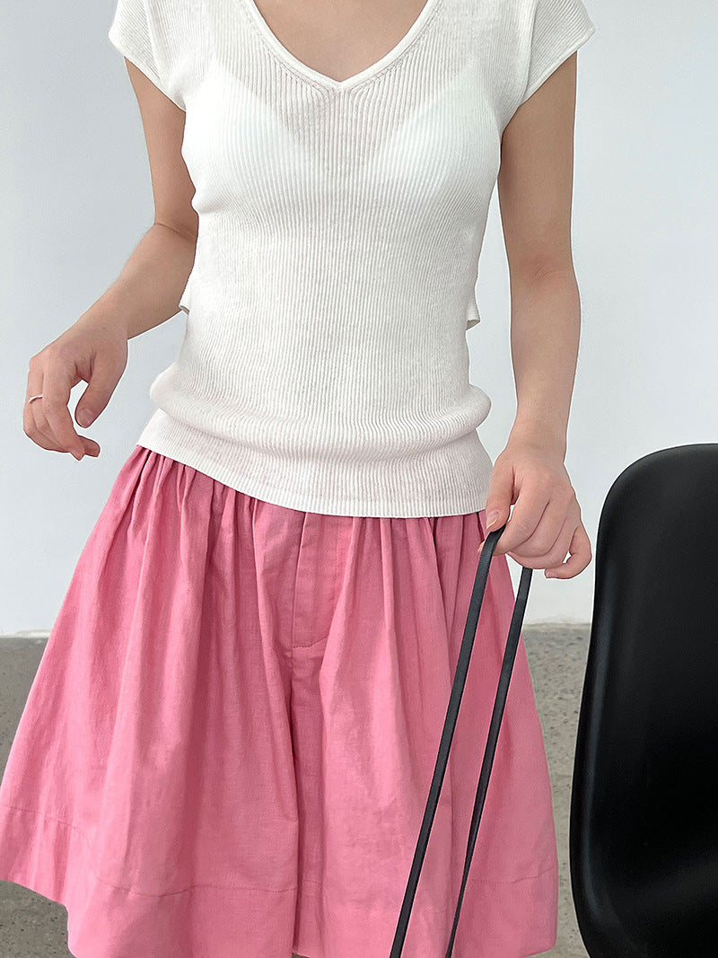 French V-neck knitted short-sleeved T women's summer new basic commuter versatile slim stretch top