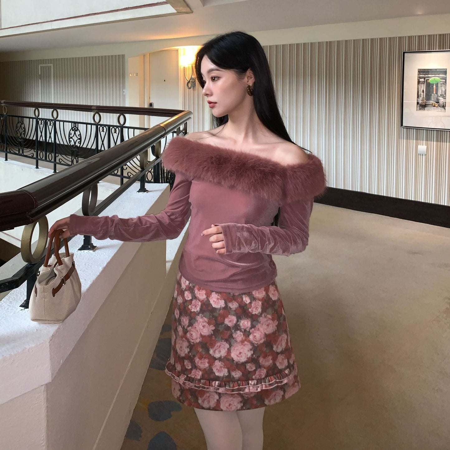 Romantic and sweet girly rose print A-line skirt