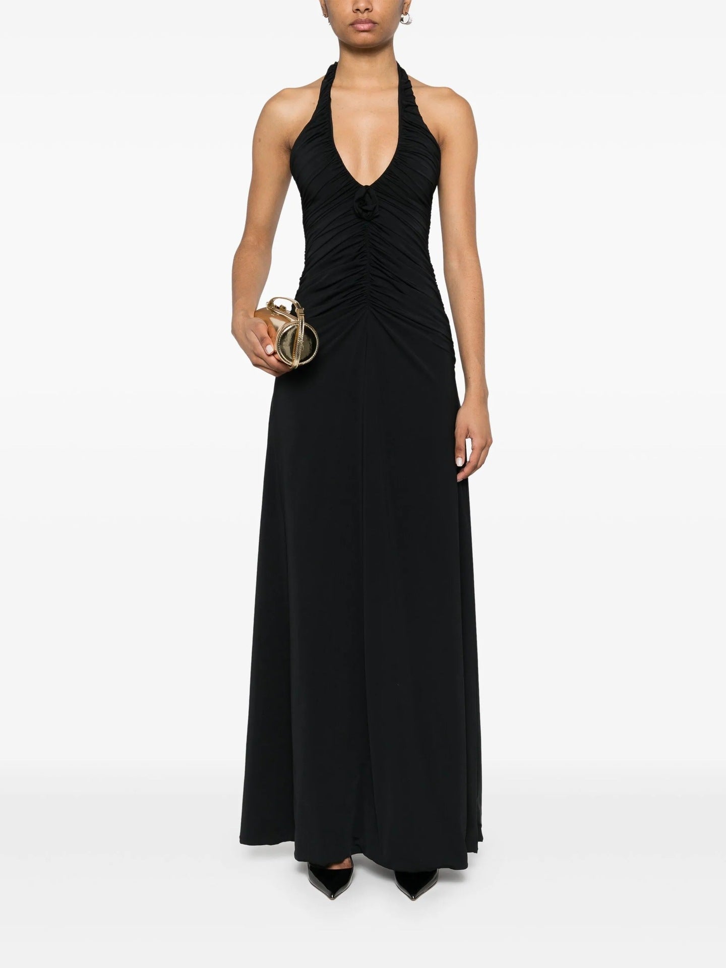 Women's new solid color elegant neck deep V waist long dress sexy backless pleated dress women