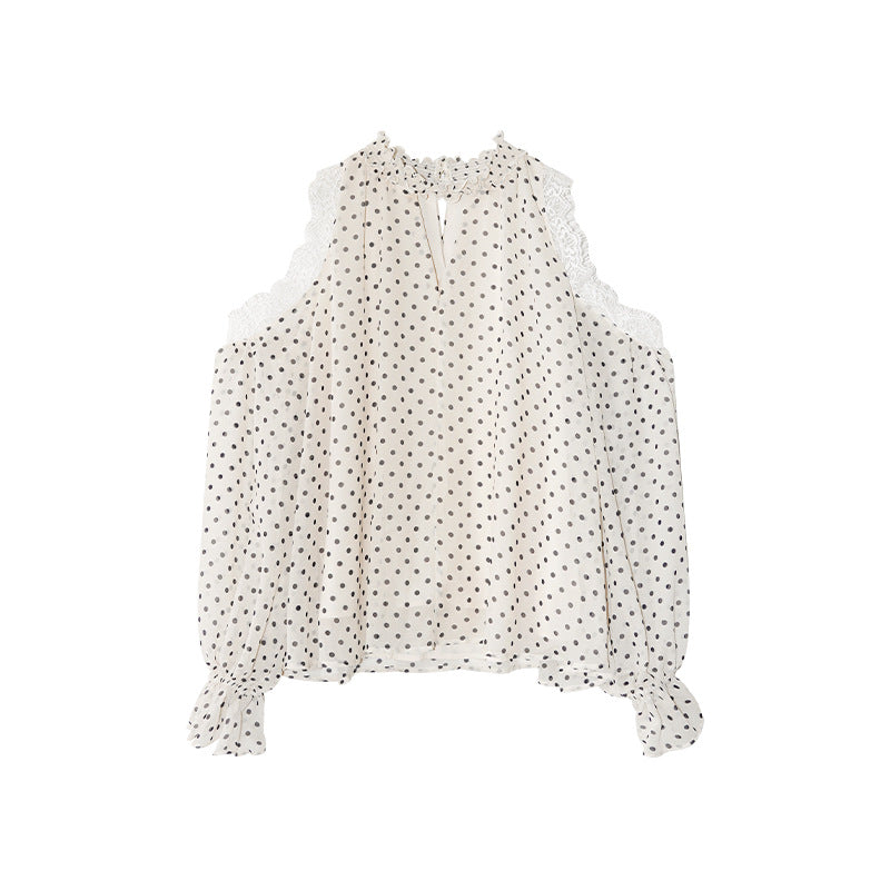 Lace polka dot flared sleeve neck off-the-shoulder shirt