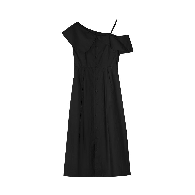 Temperament Single-breasted slanted neck ruffle edge off-the-shoulder dress