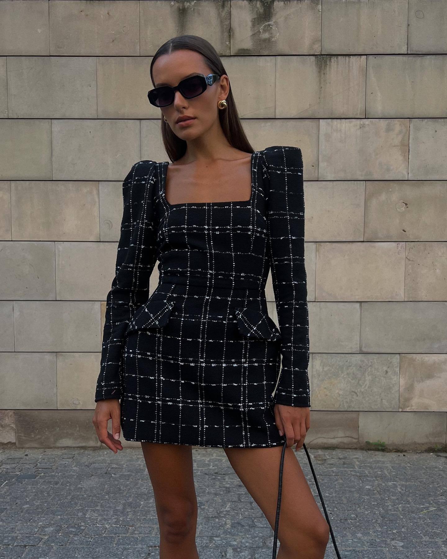 Fashion Xiaofengxiang slim-fitting long-sleeved plaid dress waist autumn and winter dress