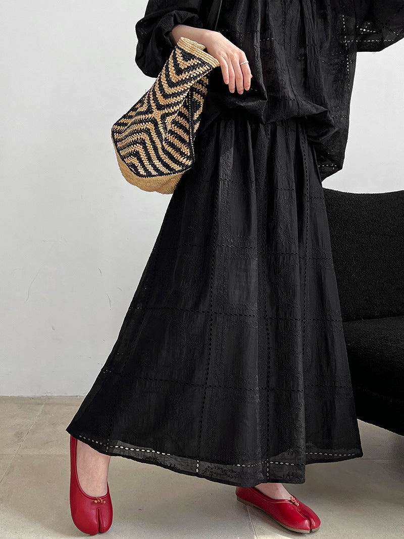 Premium temperament hollow lace embroidered top + skirt