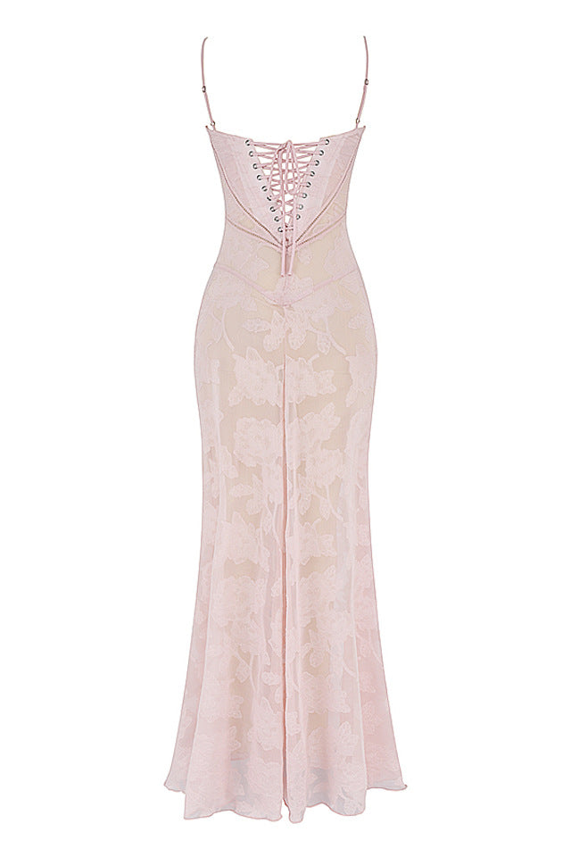 Waist slim French suspender dress one-word neck drawstring lace embroidered dress