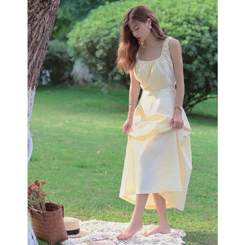 ED women's classic spring new pleated wide strap temperament dress niche design high-end long dress