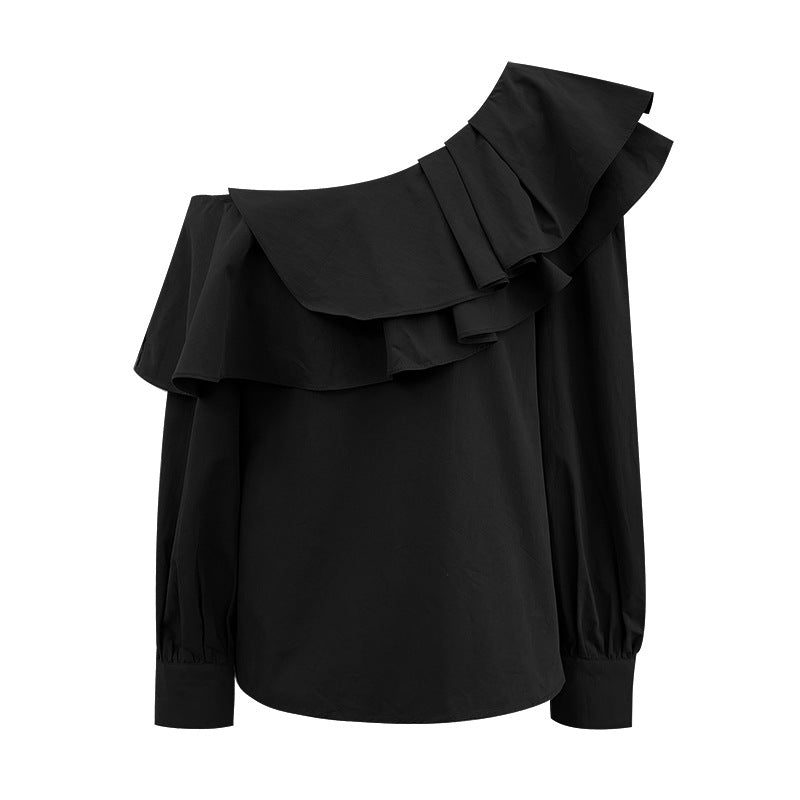 Spring explosion French celebrity temperament slanted shoulder double-layer ruffle edge top