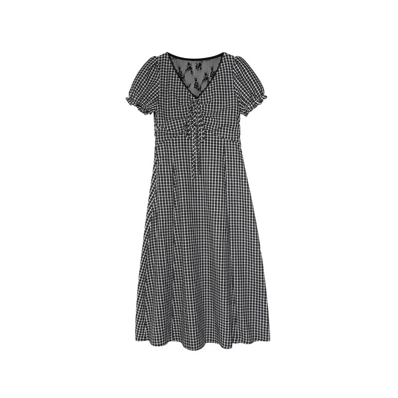 Gentle plaid v-neck high-waisted slim dress