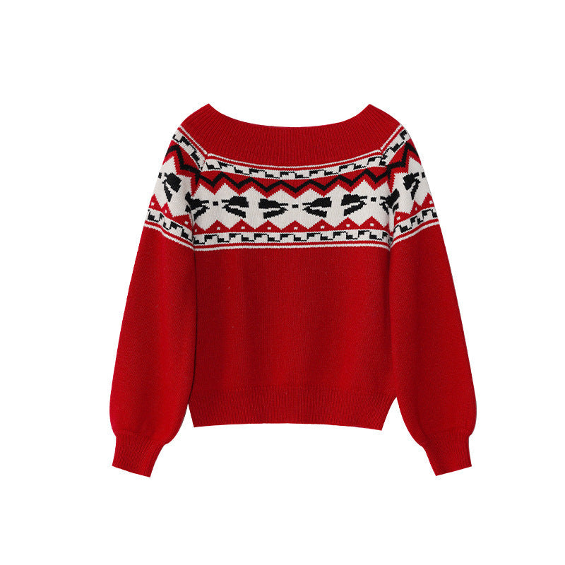 Sweet age-reducing wear loose one-word shoulder halter sweater for women