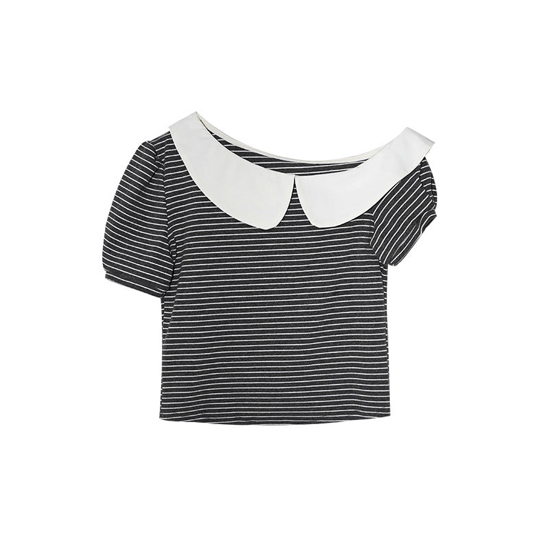 Striped Off-Shoulder Diagonal Neck Tee