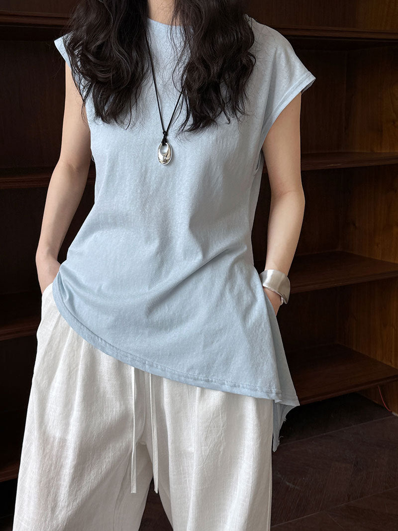 Korean version of simple slim-fitting lace-up short-sleeved women's summer new waist irregular hem T-shirt top