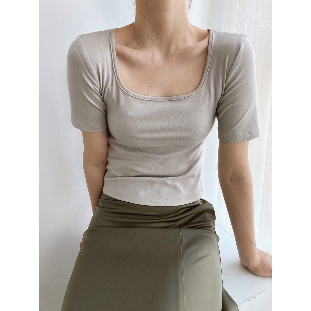 New solid color short square neck short-sleeved T-shirt women's high waist slim-fitting clavicle top