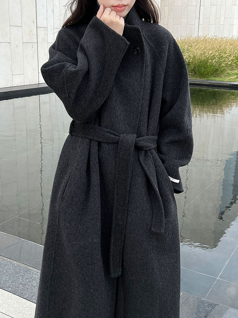 Korean version lazy diagonal buckle collar long double-sided woolen coat women's new woolen coat in winter