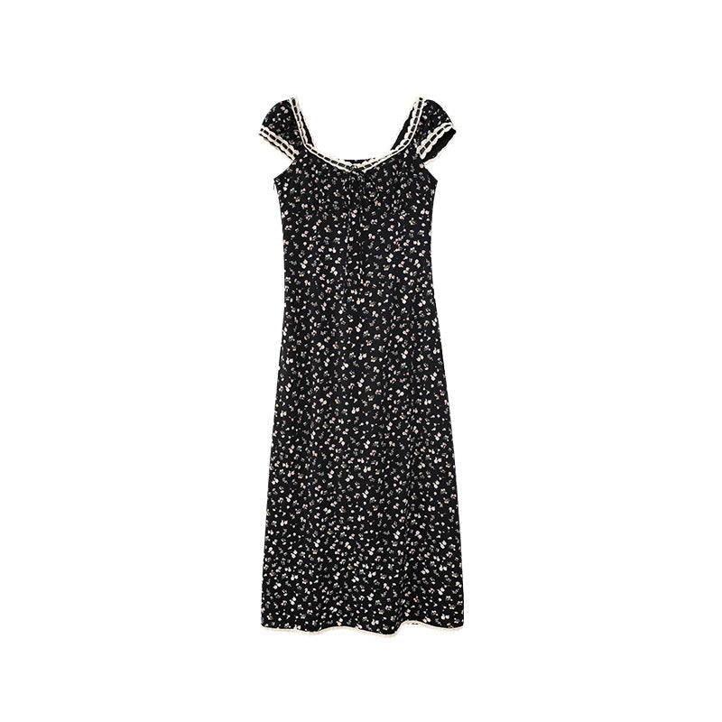 Summer retro Chinese temperament waist short-sleeved floral dress