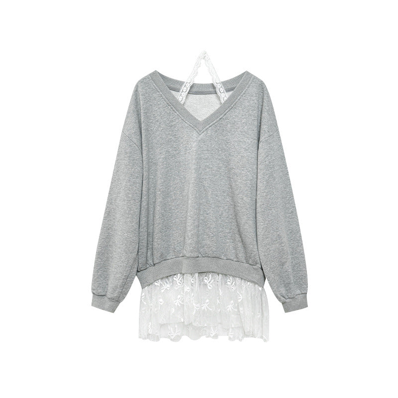 Lace fake two halterneck V-neck loose sweatshirt women