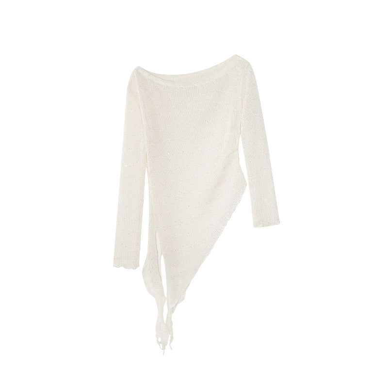 Autumn French pure desire wind hollowed-out slanted shoulder long-sleeved asymmetrical knitted sweater