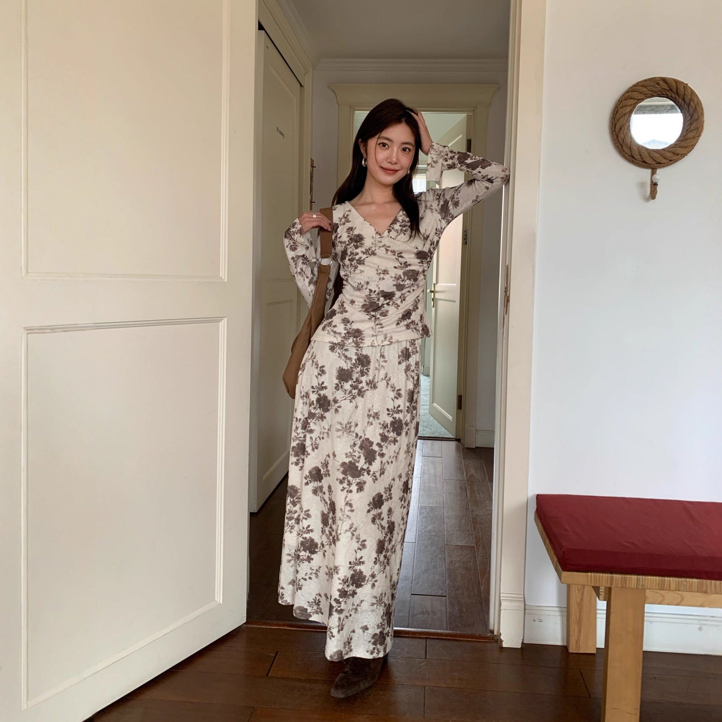 Vintage Premium Printed Long Sleeve Two-piece Set Floral Skirt Set
