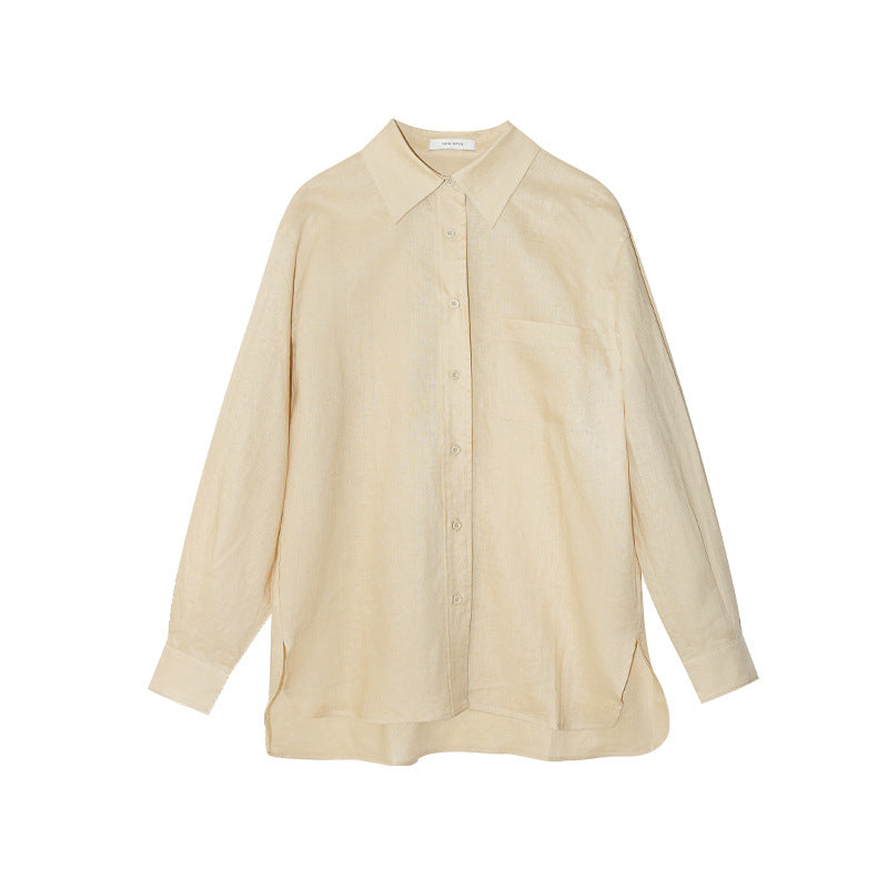 Simple commuter temperament lapel long-sleeved linen shirt