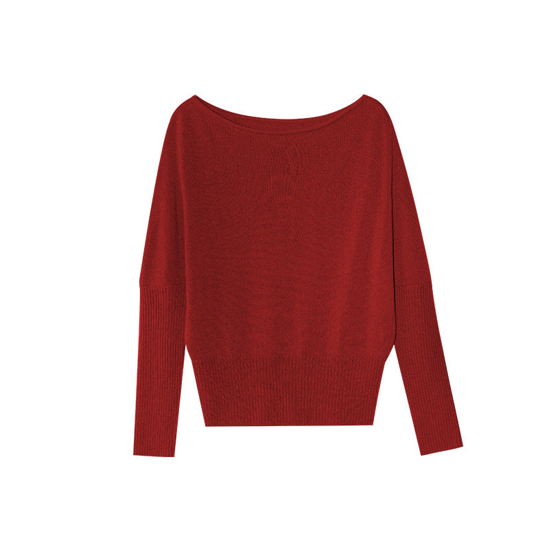 Multi-color all-wool pit strip long-sleeved slanted shoulder two-wear pullover sweater