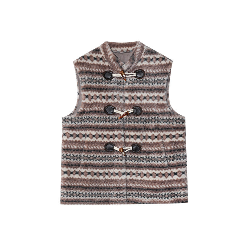 Vintage floral stripes stacked with plush horn buckle vest jacket