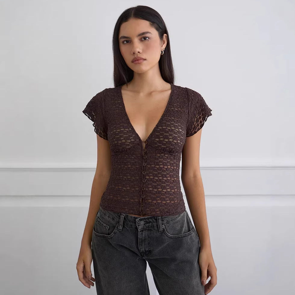 V-Neck Lace Cardigan Women Sleeveless Button-Front Slim Fit Top