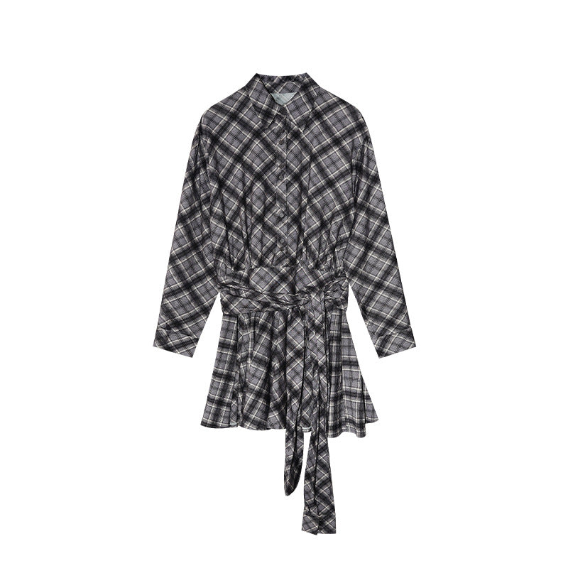 Literary retro waist plaid shirt dress