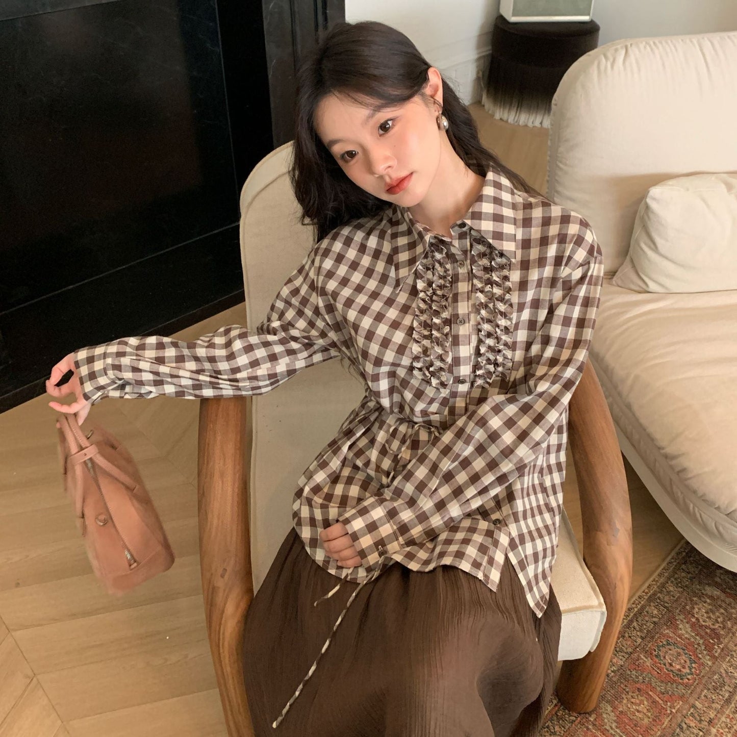 Temperament lace-up slanted placket long-sleeved plaid shirt