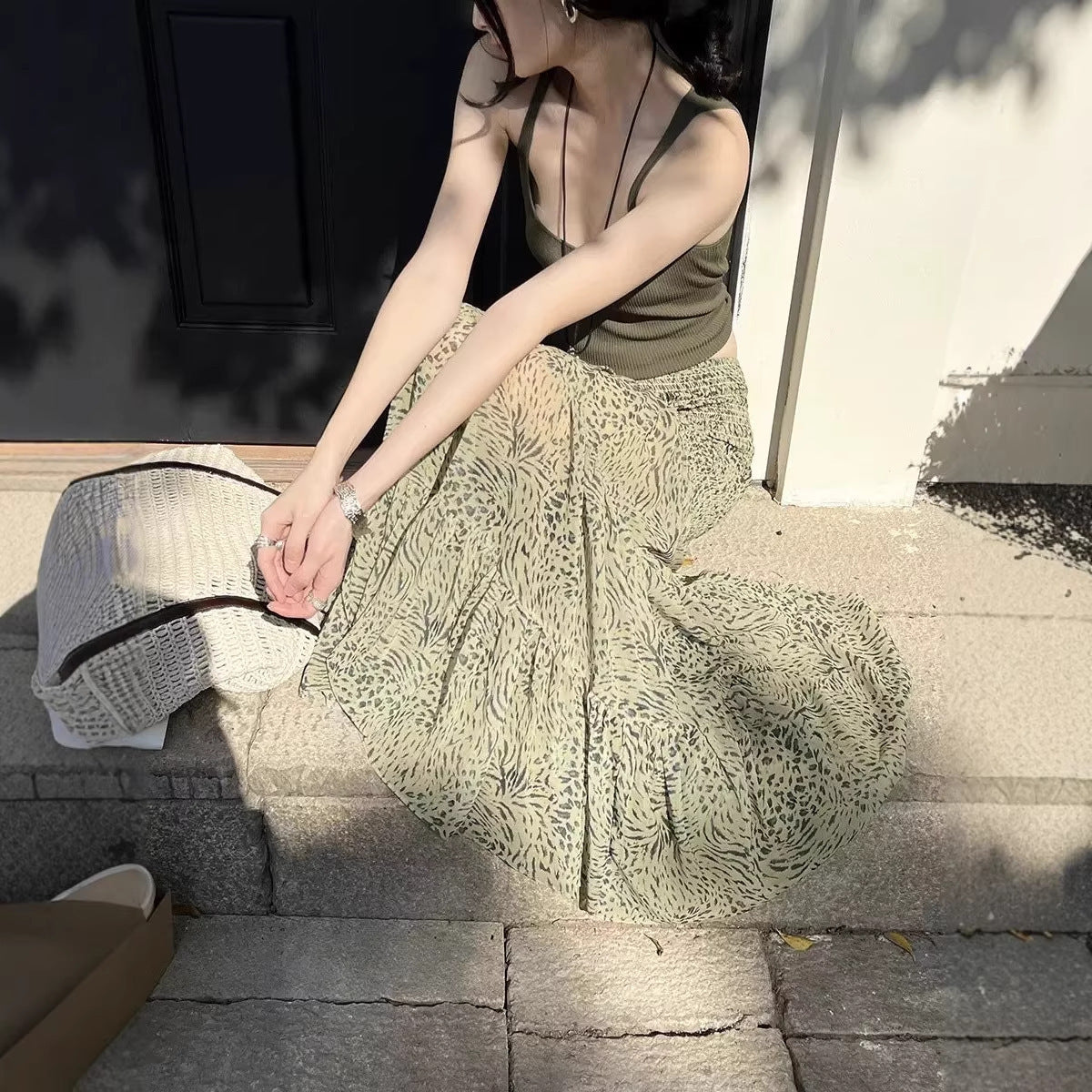 Folded Leopard Chiffon Printed Versatile Casual Cake Skirt