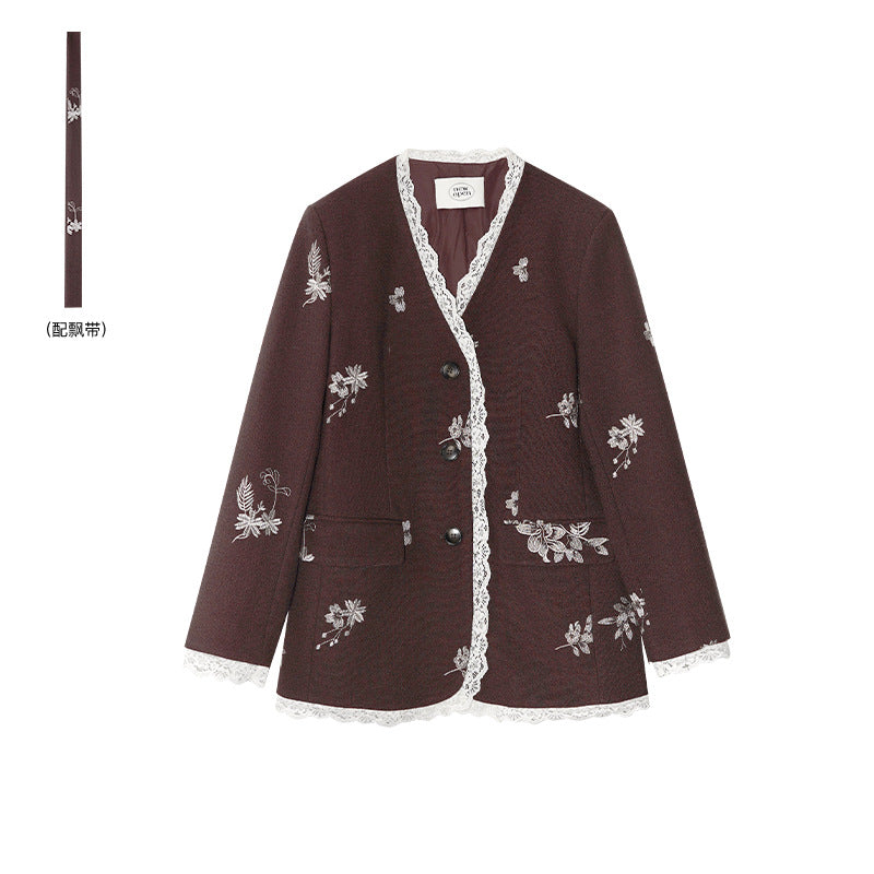 Loose embroidered lace edge v-neck blazer