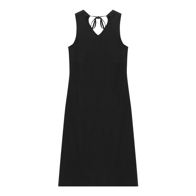 Ramie backless A word belly covering and thin v-neck sleeveless dress