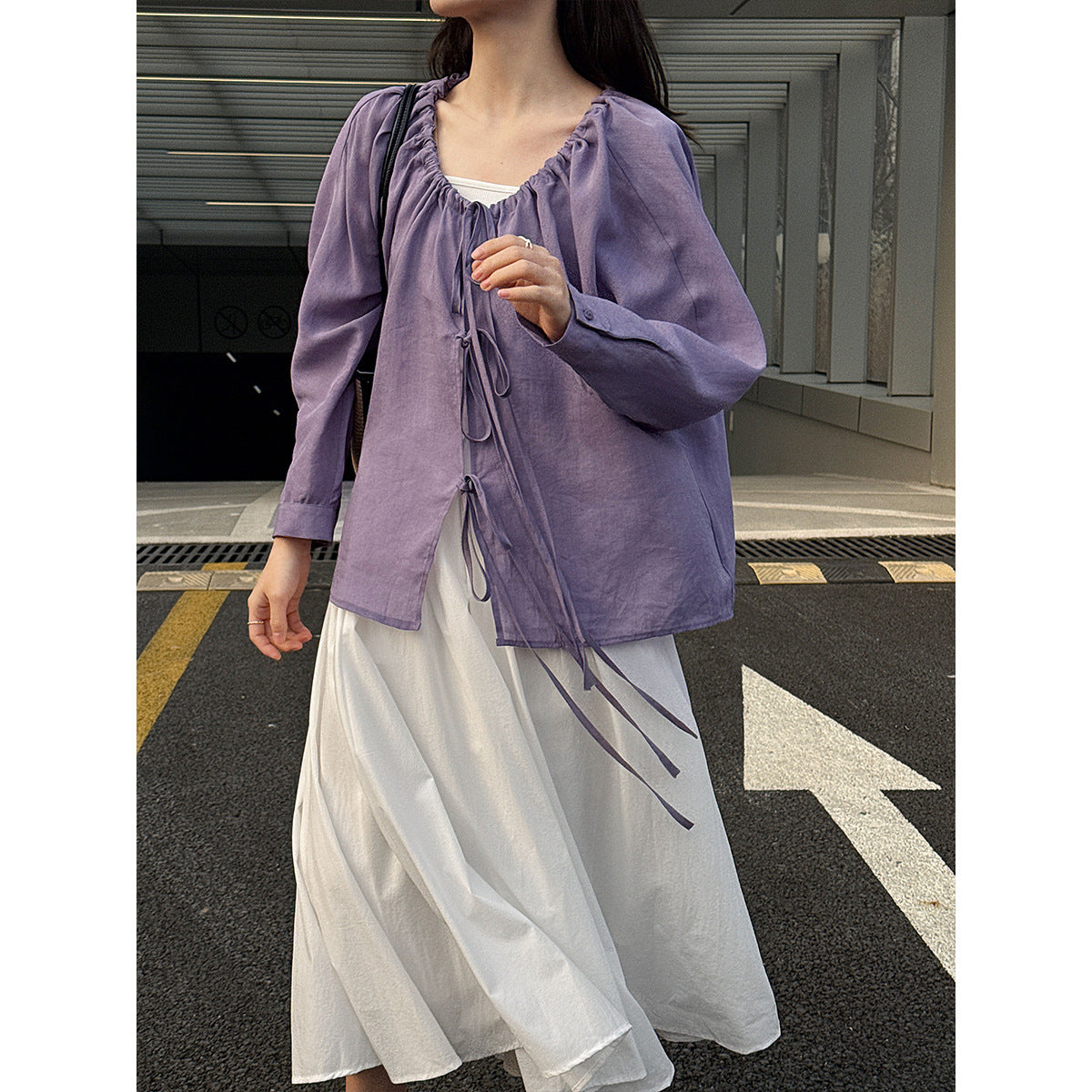 Korean drawstring shirt top women's spring new V-neck sunscreen shirt lace-up cardigan