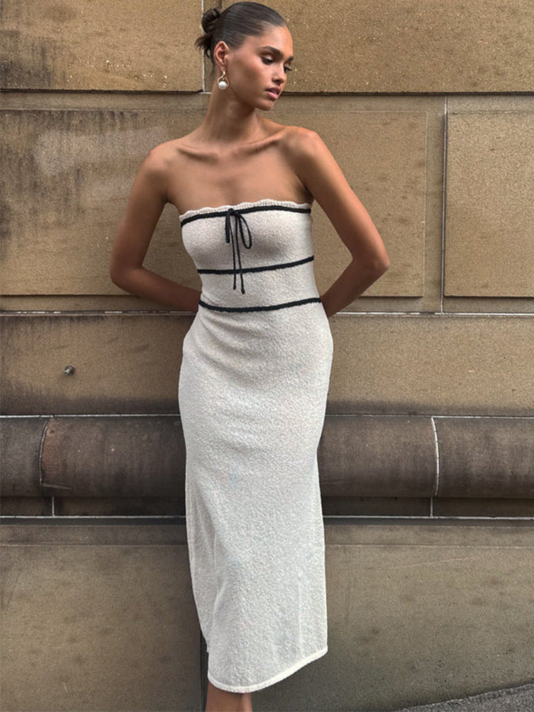 Sexy tube top long dress Spice girl knitted dress color matching design fashion temperament