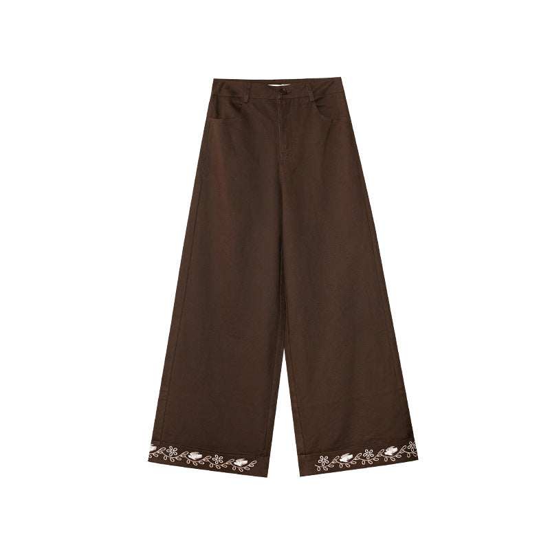 Straight trousers high waist embroidered hemmed slacks