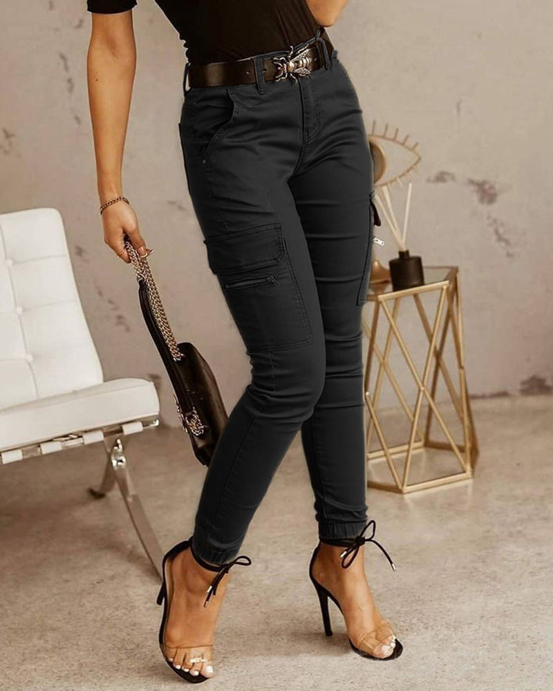 Low waist button solid color pocket toe overalls women's versatile