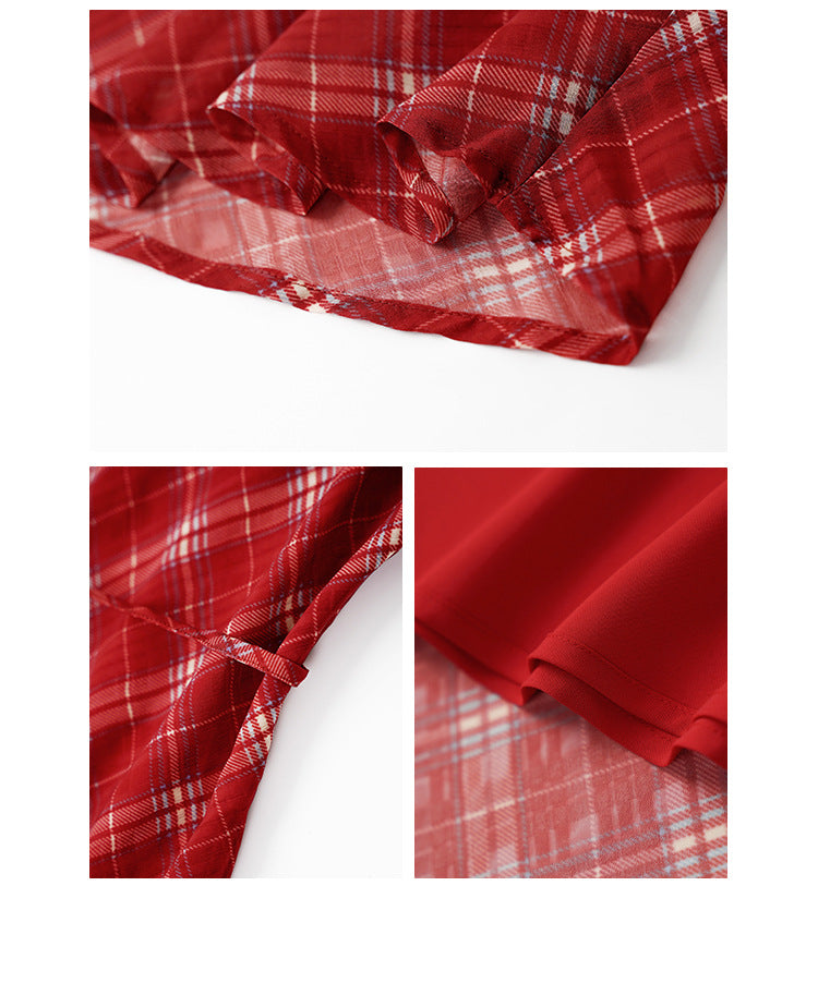 Beautiful temperament red grid square neck waist dress