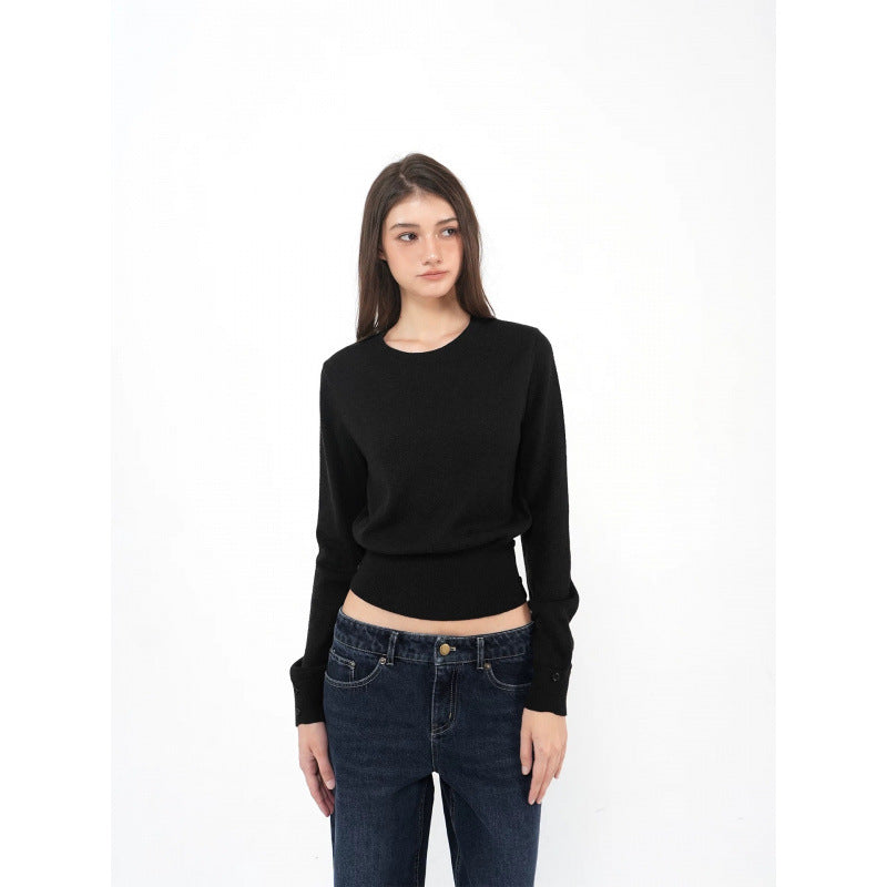 The new autumn and winter versatile purity wants to be simple, three-color loose crew neck, cinched waist and long sleeves