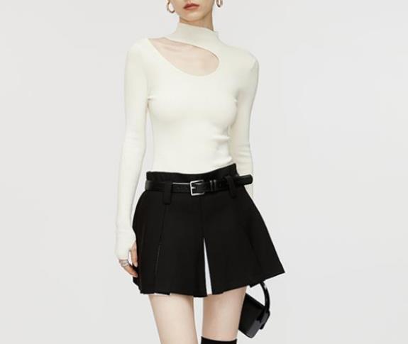 Semi-Turtleneck Long Sleeve Sweater Women Off-Shoulder Hollow Knit Top