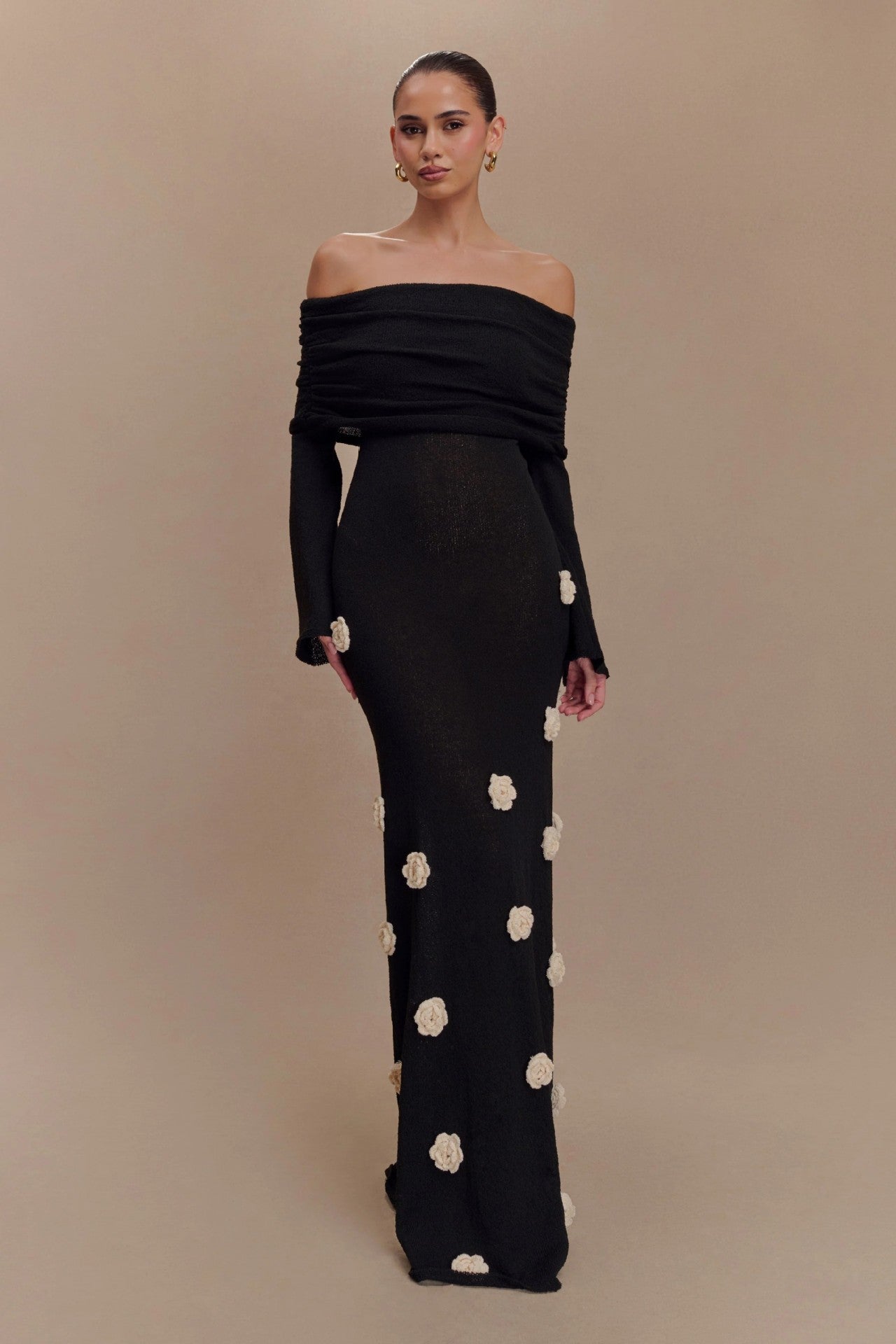 New sexy flower one-word shoulder knitted dress fashionable autumn and winter dress
