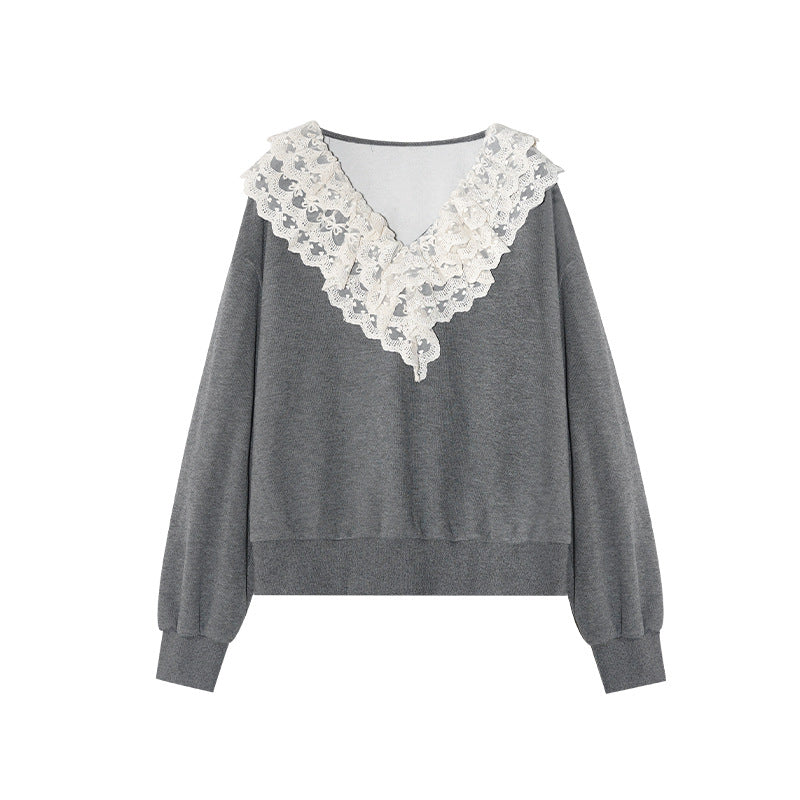 Sweet age-reducing pullover lace ruffle sweater woman