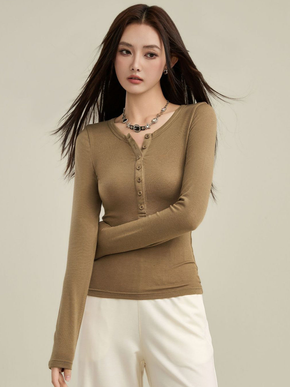 Henley Collar Tencel Wool T-Shirt Women Long Sleeve Slim Fit Knitted Top