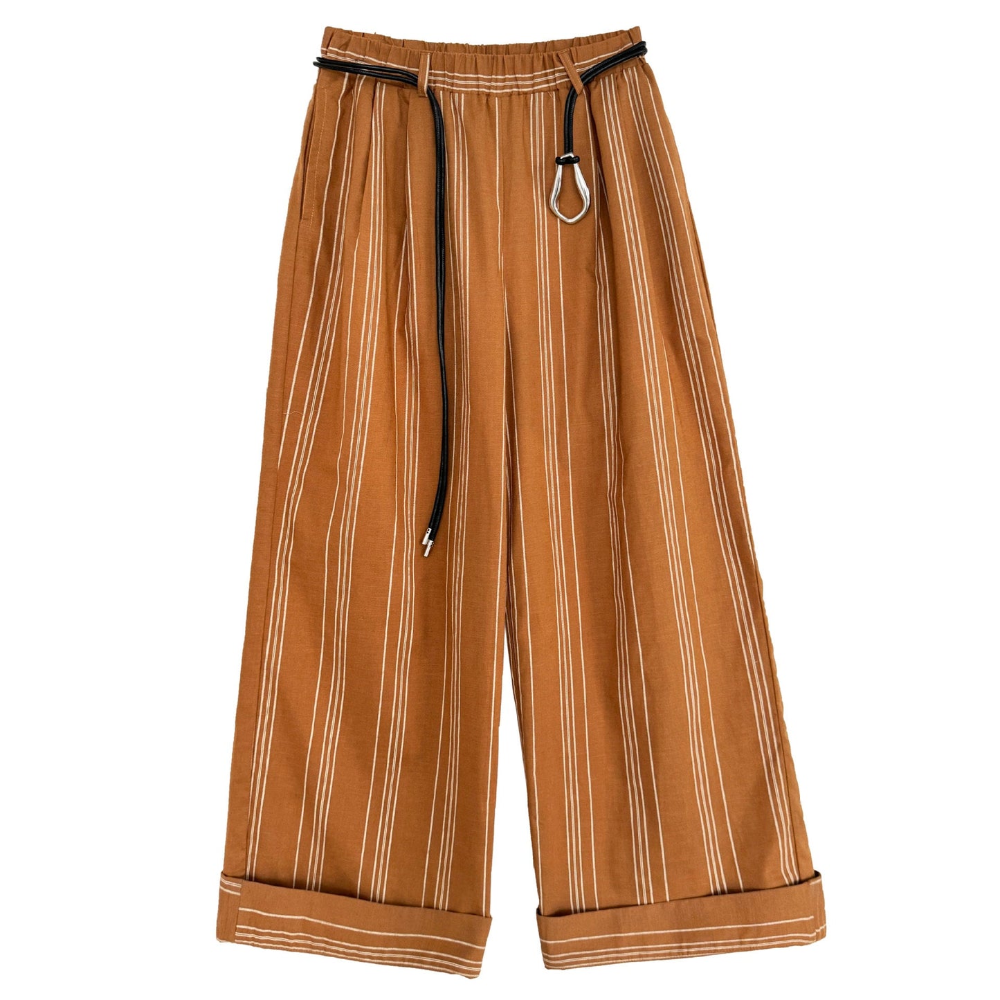 Cotton and linen old money wind striped elastic waist casual pants women's new summer models with belts lazy wide legs