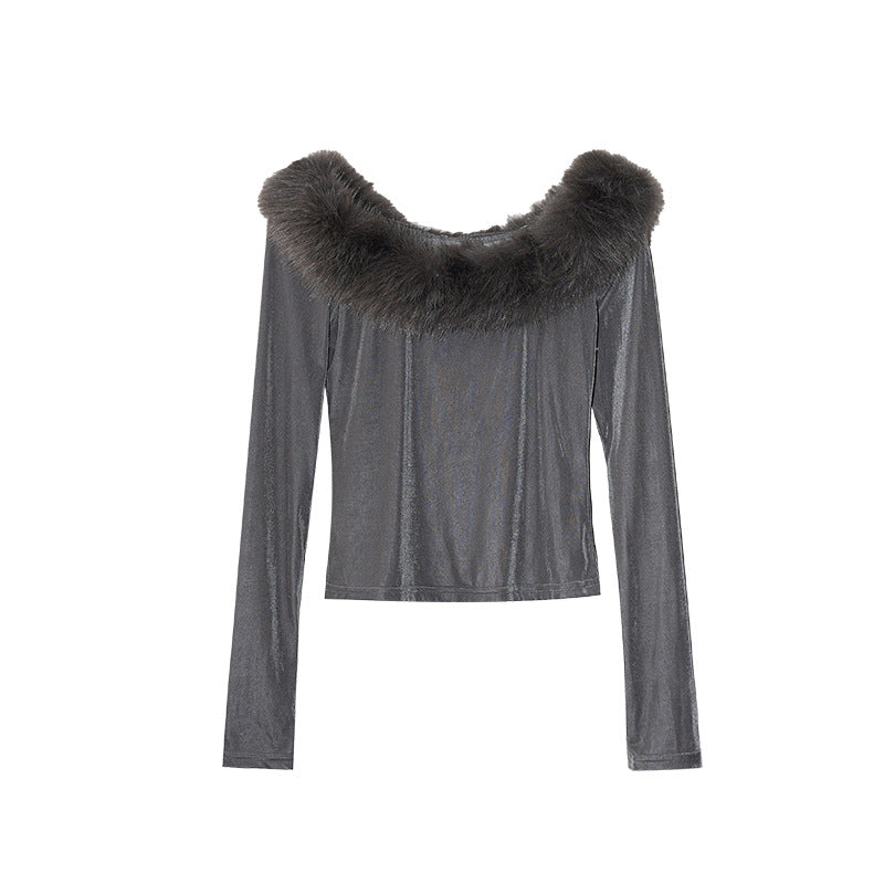 Spice Girl Pure Desire Long Sleeve Off-Shoulder Fur Collar Slim-Fit Bottom Shirt