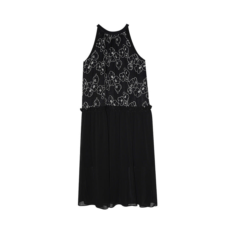 Women's Halter Neck Mesh Jacquard Sleeveless A-Line Maxi Dress