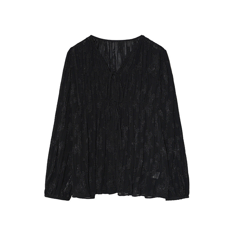 Lace-up V-neck pleated puff sleeves loose slimming shirt
